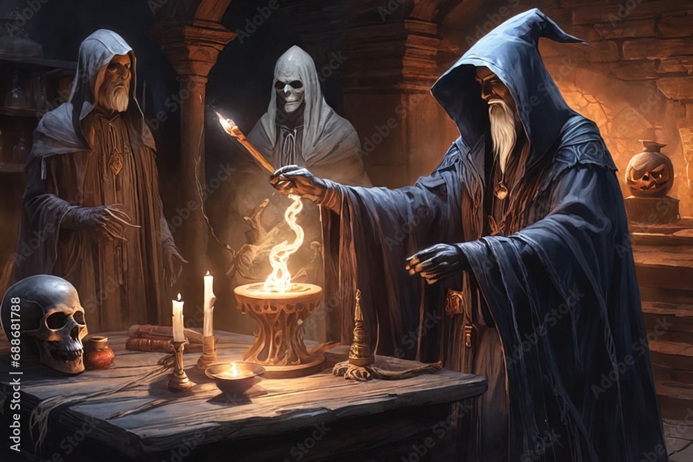 Evil faceless Wizards casting spells, dark and scary night, realistic ...
