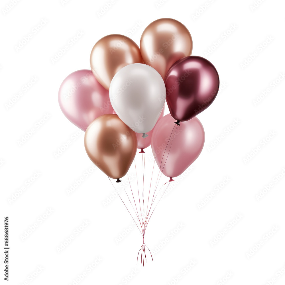 pink gold white balloons isolated on transparent background cutout