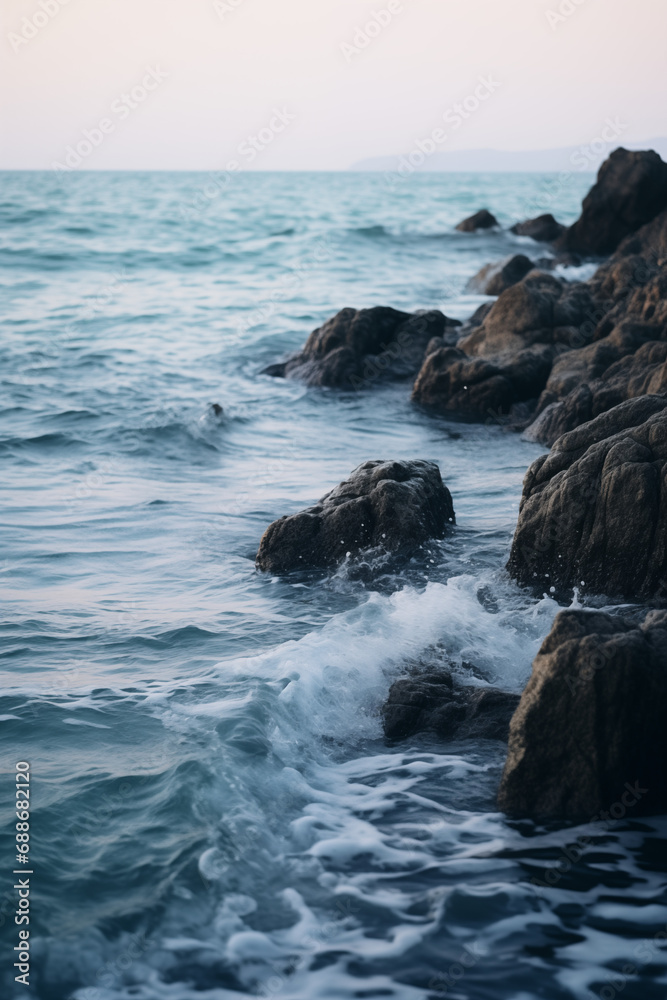 Mar com ondas batendo nas rochas ao entardecer - Papel de parede
