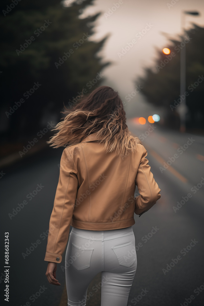 Mulher usando uma jaqueta bege e calça branca de costas caminhando na estrada durante uma neblina, fundo desfocado - Papel de parede