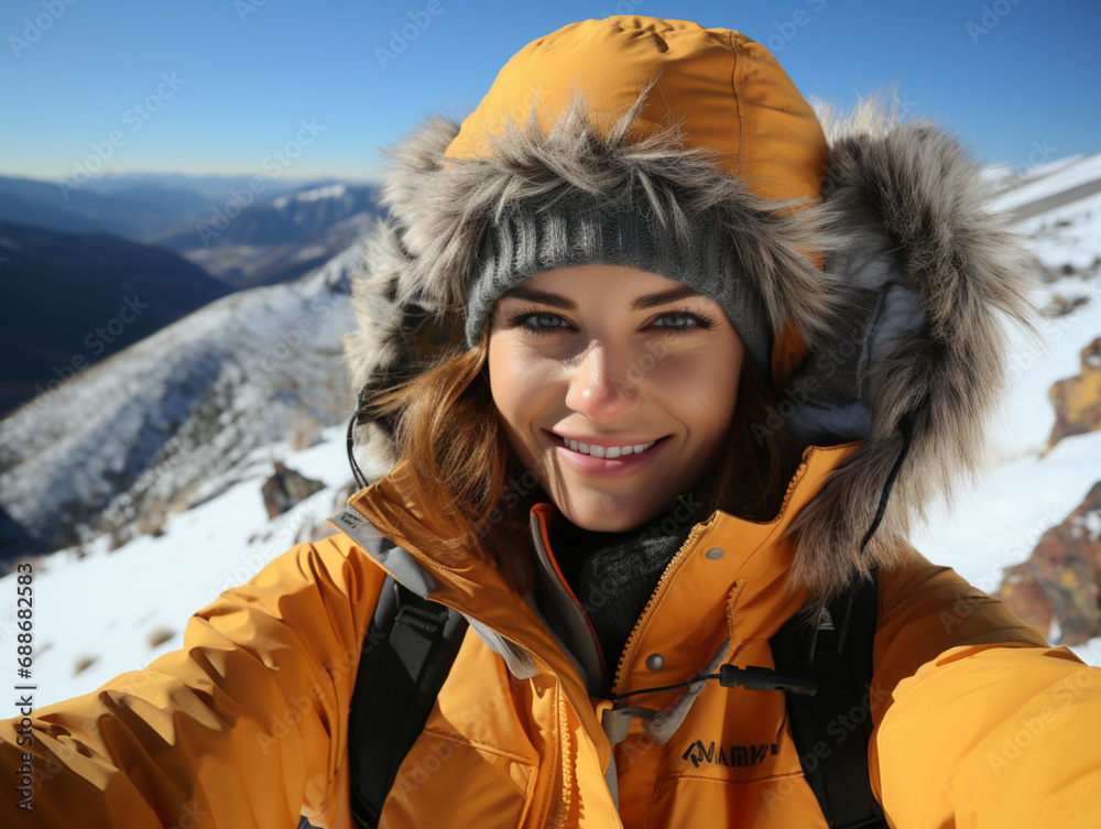Winterpanorama-Selfie: Gelb gekleidete Frau in den Bergen