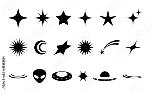 Set of isolated geometric shapes for design. y2k aesthetics.Space collection star  spark  ufo.Vector stock illustration.