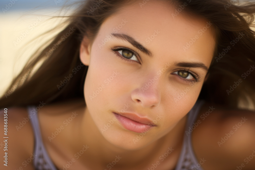 Portrait of natural blonde woman with long hair. Girl looking at the camera. Portrait of natural blonde woman with long hair. Girl looking at the camera.