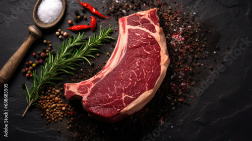 Dry aged raw tomahawk beef steak with ingredients for grilling, generative ai photo