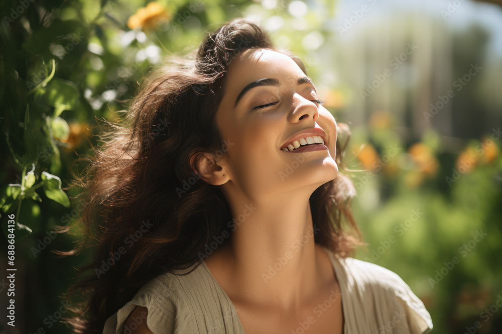 A brunette woman breathes calmly looking up enjoying spring air