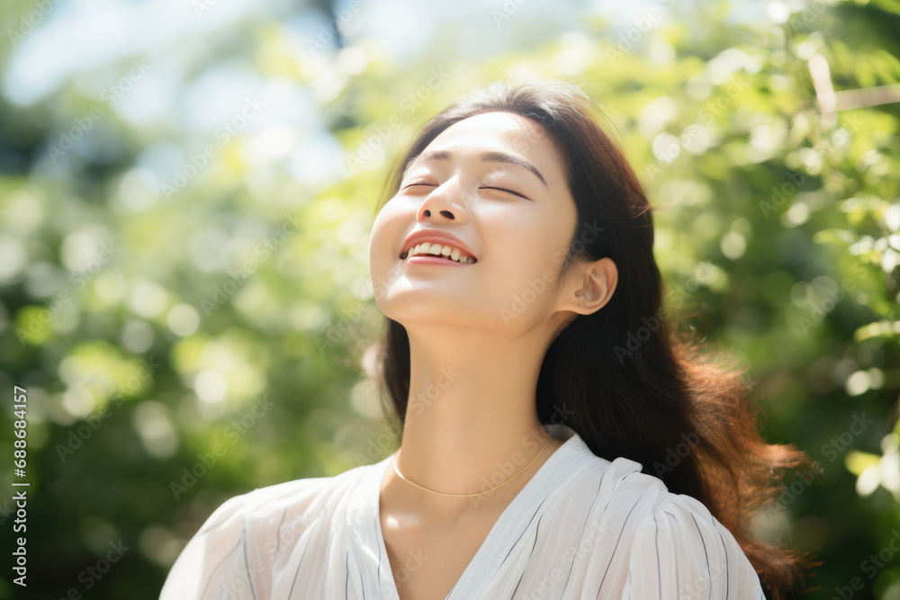 A Asian woman breathes calmly looking up enjoying summer season