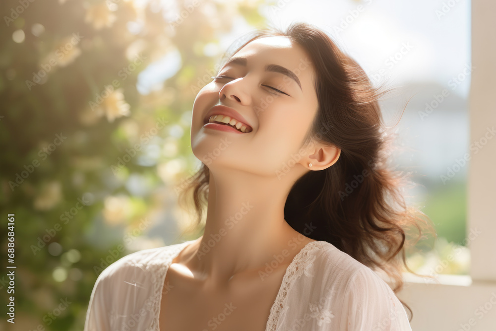 A Asian woman breathes calmly looking up enjoying summer season A Asian woman breathes calmly looking up enjoying summer season