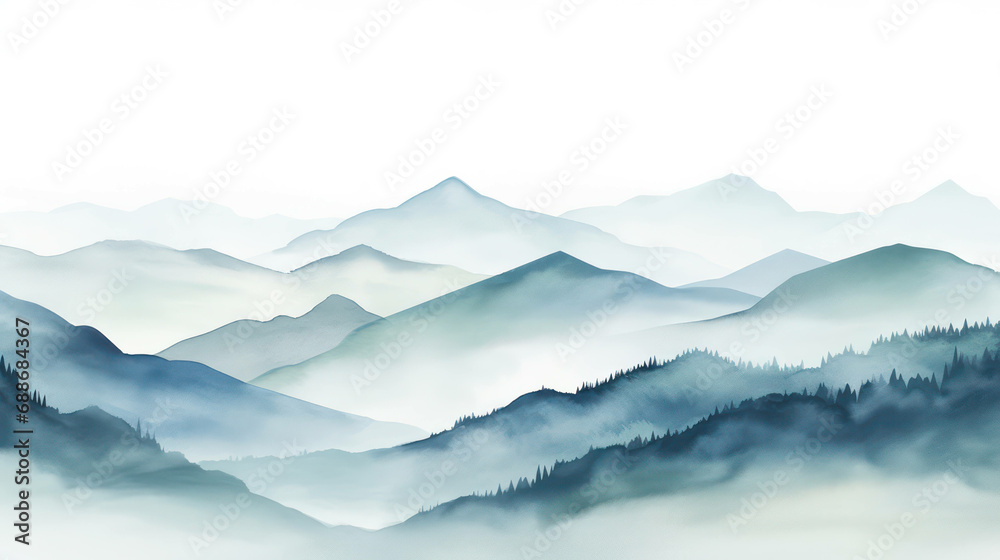 Fototapeta premium Mountains travel landscape background watercolor outdoor background view forest nature hill sky blue