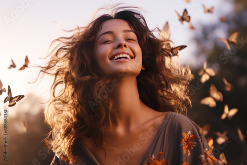 Happy brunette woman excited looking up in the butterflies