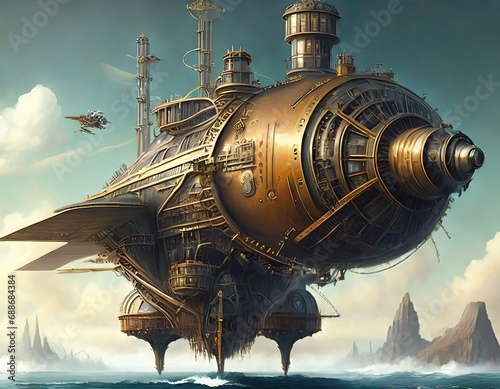 Concept of a large flying machine sailing in the sea in steampunk style generated by AI, digital art.