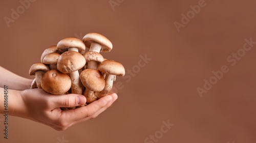 Hand holding mushroom vegetable isolated on pastel background
