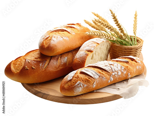 Artisanal breads freshly baked and golden wheat stalks on a beige cloth.