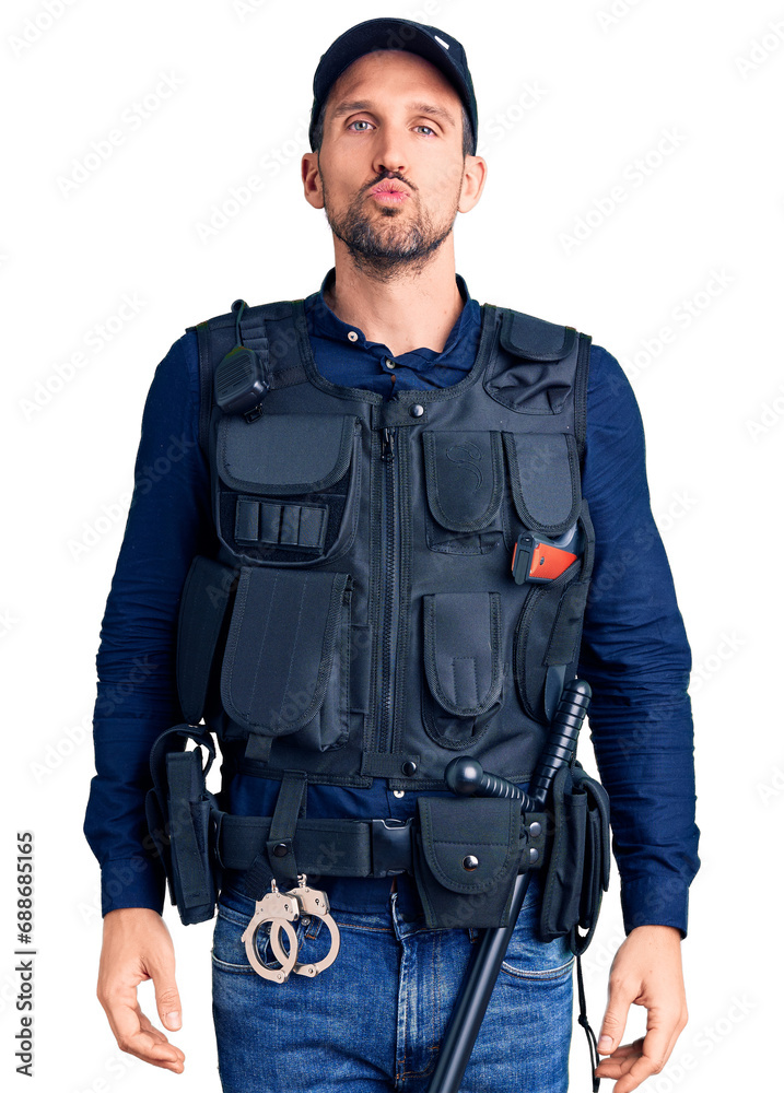 Young handsome man wearing police uniform looking at the camera blowing a kiss on air being lovely and sexy. love expression. Young handsome man wearing police uniform looking at the camera blowing a kiss on air being lovely and sexy. love expression.
