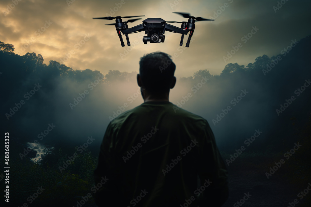 A man is seen from behind operating a drone