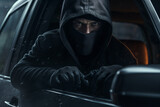 A masked car thief in a black hood and stealing a car