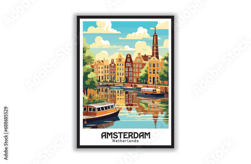 Amsterdam. Vintage National Park Posters, National Park Art Prints Nature Wall Art and Mountain Print Set Abstract Travel for Hikers Campers Living Room Decor. Vector illustration, Design, Colorful