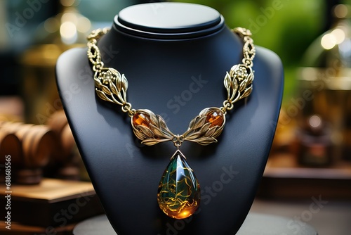 Gold necklace with amber stones on a black stand. photo