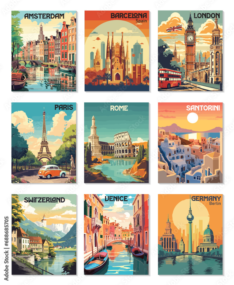Set of 9 Vintage European City Travel Posters Set: Amsterdam, Barcelona, Berlin, London, Paris, Rome, Santorini, Venice, Switzerland - obrazy, fototapety, plakaty 