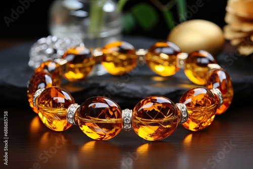 An exquisite and expensive amber bracelet on the hand.