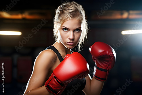 A woman with red boxing gloves and challenging look defiant