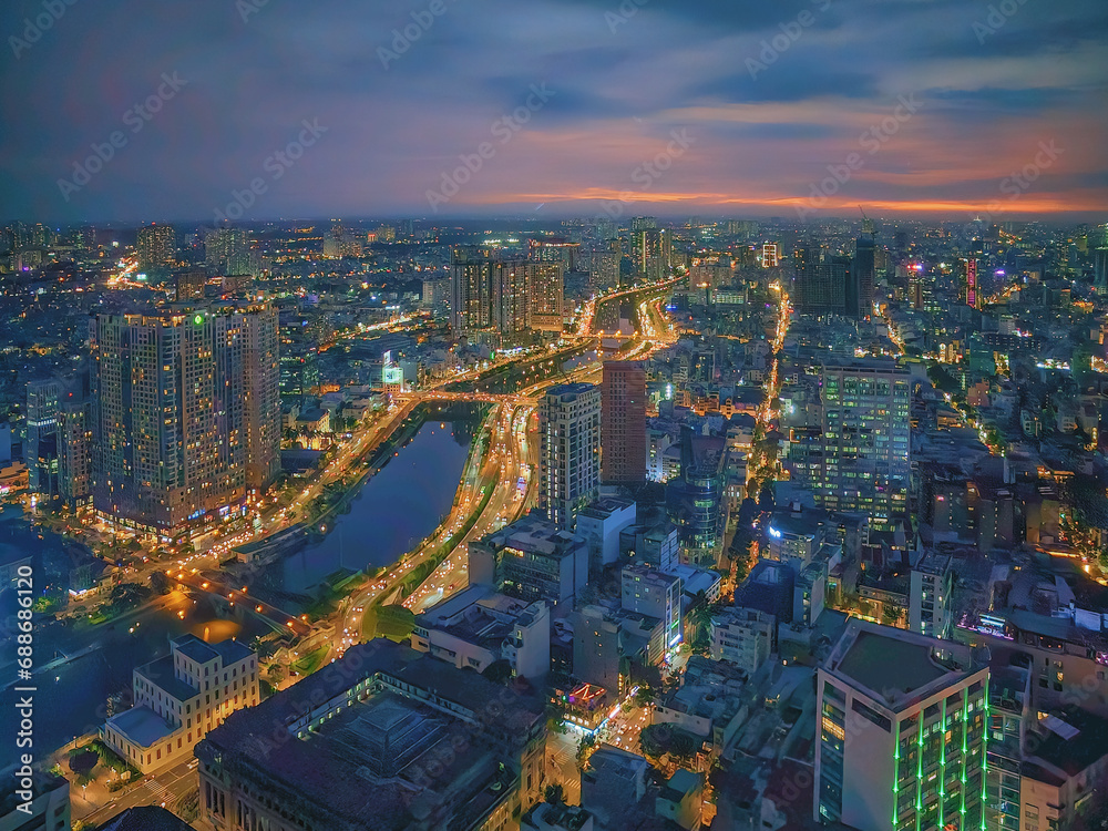 Ho Chi Minh Saigon aerial view by sunset