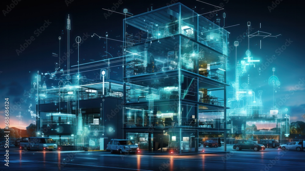 Modern factory, communication network. Telecommunication. IoT, Internet of Things, ICT, Information communication Technology,. Smart factory Modern factory, communication network. Telecommunication. IoT, Internet of Things, ICT, Information communication Technology,. Smart factory