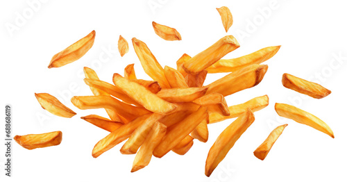 Flying delicious potato fries, cut out photo