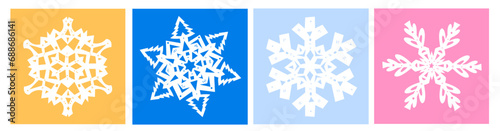 Set of various Snowflakes. Paper cut style. Christmas winter snow flakes. Hand drawn trendy Vector illustration. Isolated design elements. Party decoration, new year celebration concept. Square icons