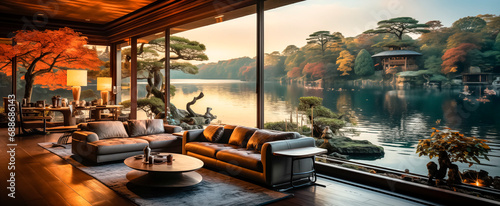 Spacious Tokyo-style interior on the shore of a lake among the jungle. Ecological house .