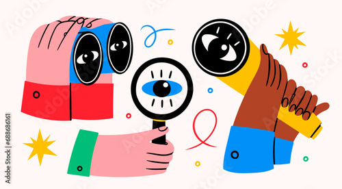 Human hands with binoculars, magnifying glass, spyglass telescope. Searching, finding, web surfing, looking for opportunities concept. Hand drawn Vector illustration. Isolated design elements