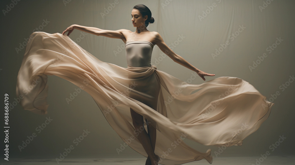 Artistic minimalist portrait of a dancer, mid-motion, clean lines, dynamic pose, muted tones - obrazy, fototapety, plakaty 
