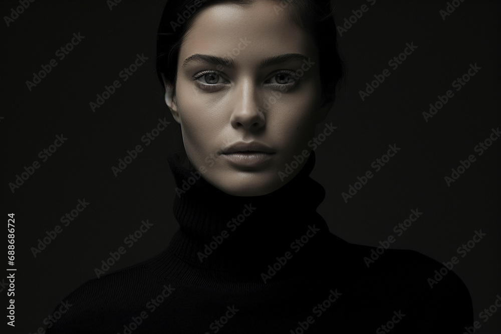 Bold minimalist portrait, direct eye contact, single light source, high contrast, black turtleneck