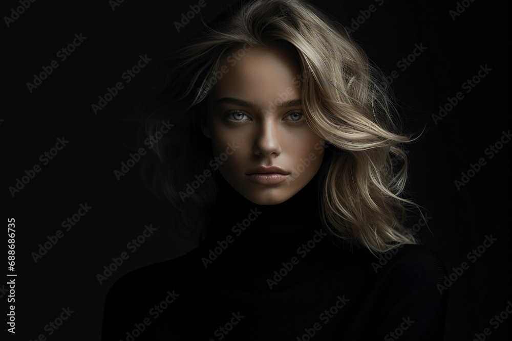 Bold minimalist portrait, direct eye contact, single light source, high contrast, black turtleneck