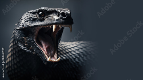 Black snake with open mouth ready to attack isolated on gray background photo