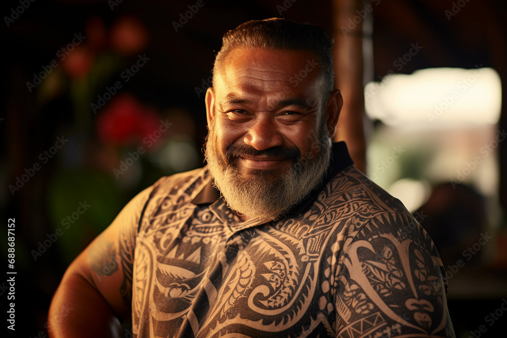 Patriarchal portrait in a traditional Samoan fale, tribal tattoos, ceremonial attire, tropical flora Patriarchal portrait in a traditional Samoan fale, tribal tattoos, ceremonial attire, tropical flora