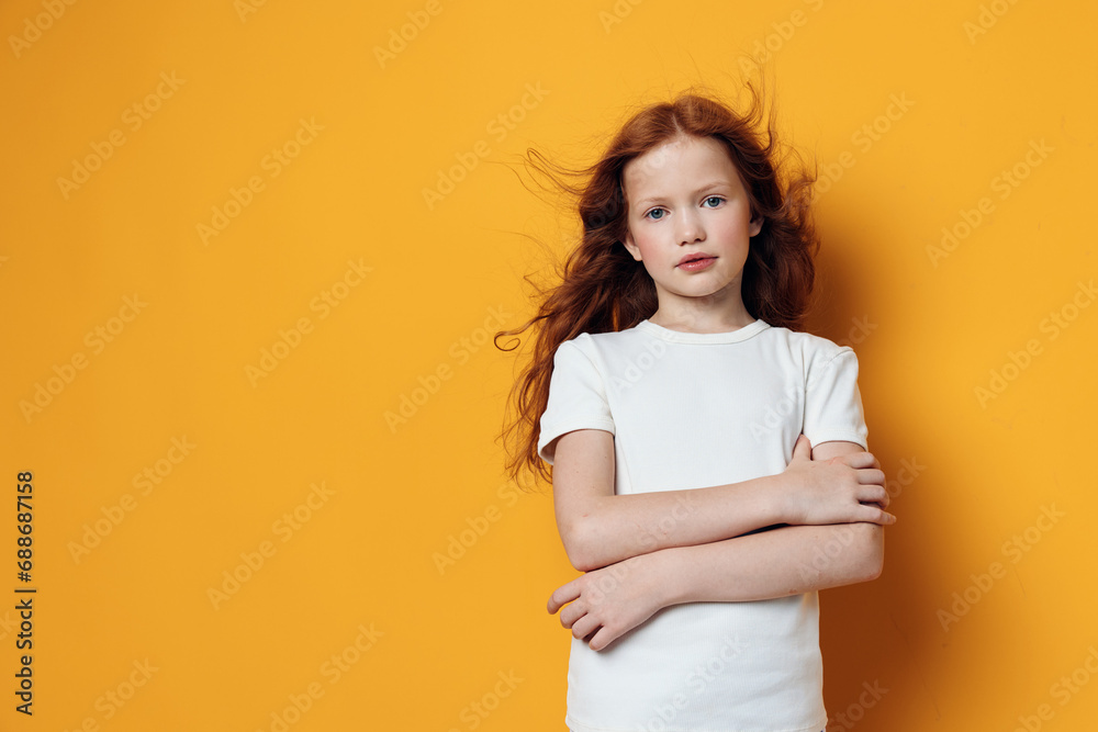 Girl childhood cute female caucasian sad emotion children portrait expressive little - obrazy, fototapety, plakaty 