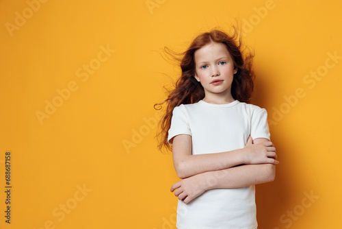 Girl childhood cute female caucasian sad emotion children portrait expressive little photo