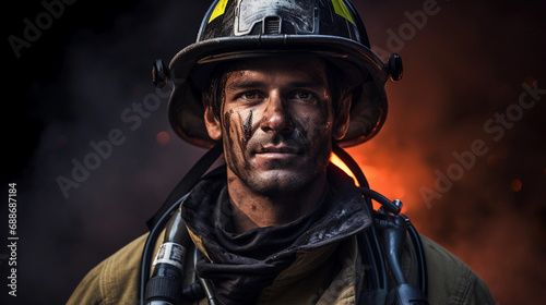 portrait of a firefighter in gear, helmet under arm, soot on face, piercing gaze