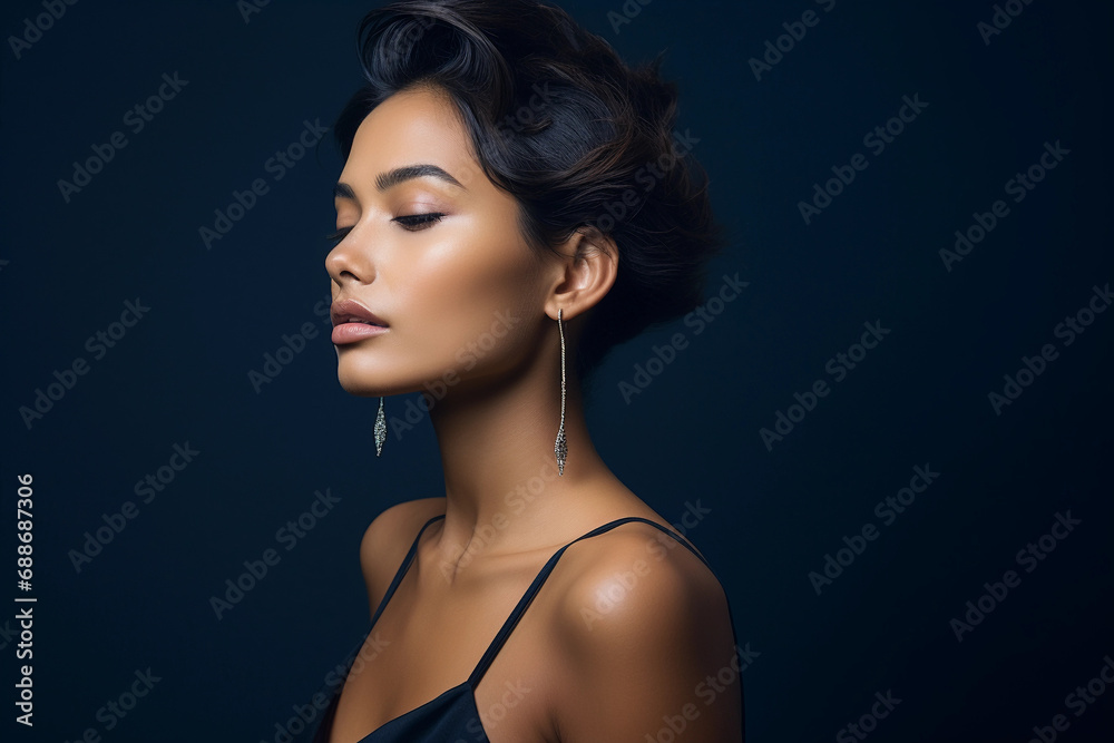 Business Woman, sharp side profile, navy backdrop, minimal jewelry Business Woman, sharp side profile, navy backdrop, minimal jewelry