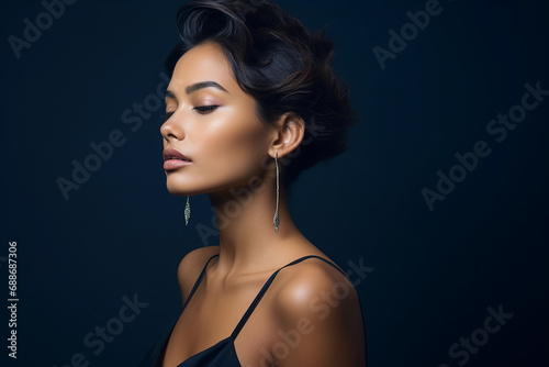 Business Woman, sharp side profile, navy backdrop, minimal jewelry