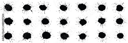 Set of ink splashes, blots. Black inked splatter dirt stain splattered spray splash with drops blots isolated vector illustration.