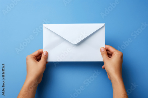 Close-up of hands holding a white envelope against light blue background