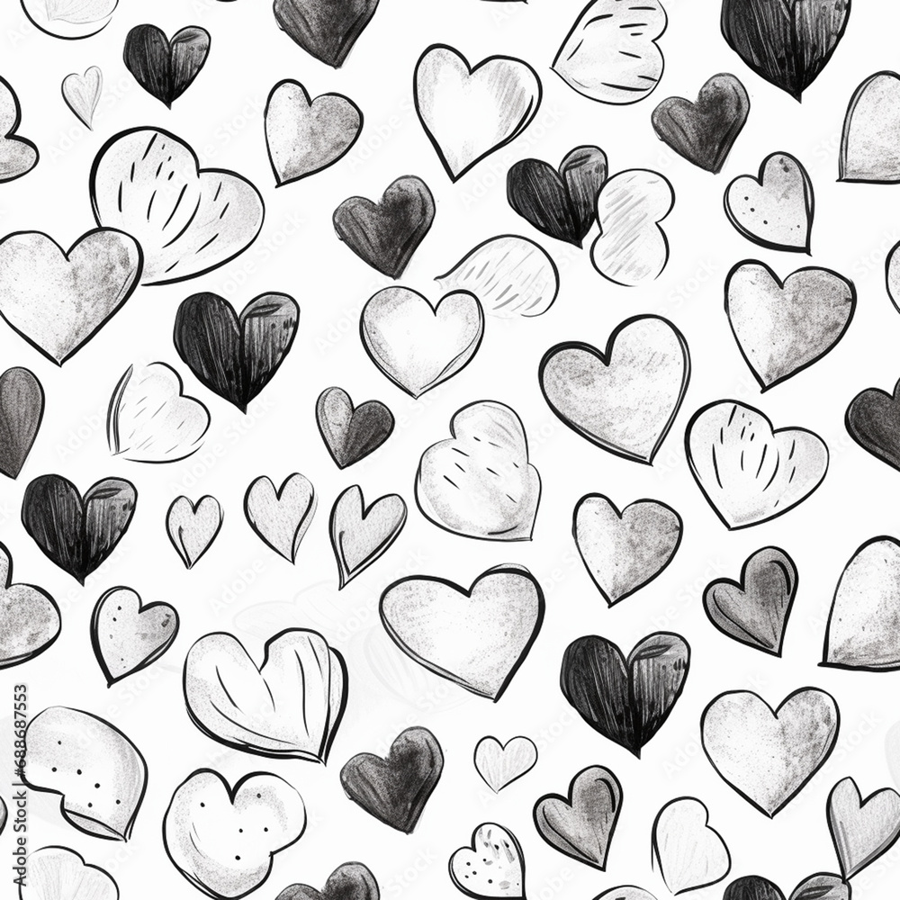 Seamless pattern, Random size of Hand drawn black and white pencil sketch heart on white background. Seamless pattern, Random size of Hand drawn black and white pencil sketch heart on white background.