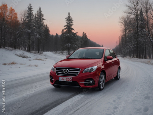 A red car in the middle of the snowy road.