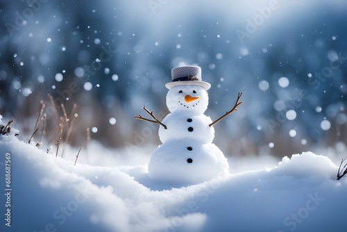 Snowman with a carrot nose, hat, scarf, coal buttons and stick arms standing outside on a winters day. Concept of winter, snow and childhood. Shallow field of view. © Abde