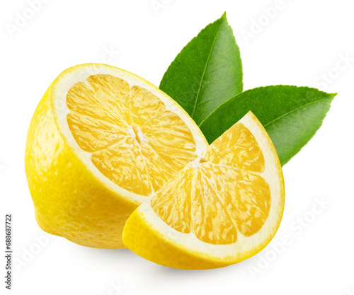 Lemon isolated. Half and slice of lemon with leaves on a transparent background.