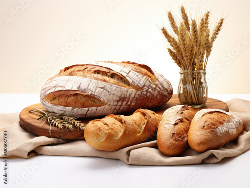 Artisanal bread loaves and baguettes on linen cloth with wheat stalks, symbolising homemade freshness.