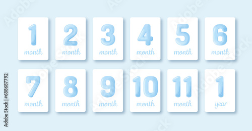 Baby milestone number cards. Set of monthly numbers cards from 1-11 months to  1 year.Newborn months postcards.  Watercolor cards. Vector