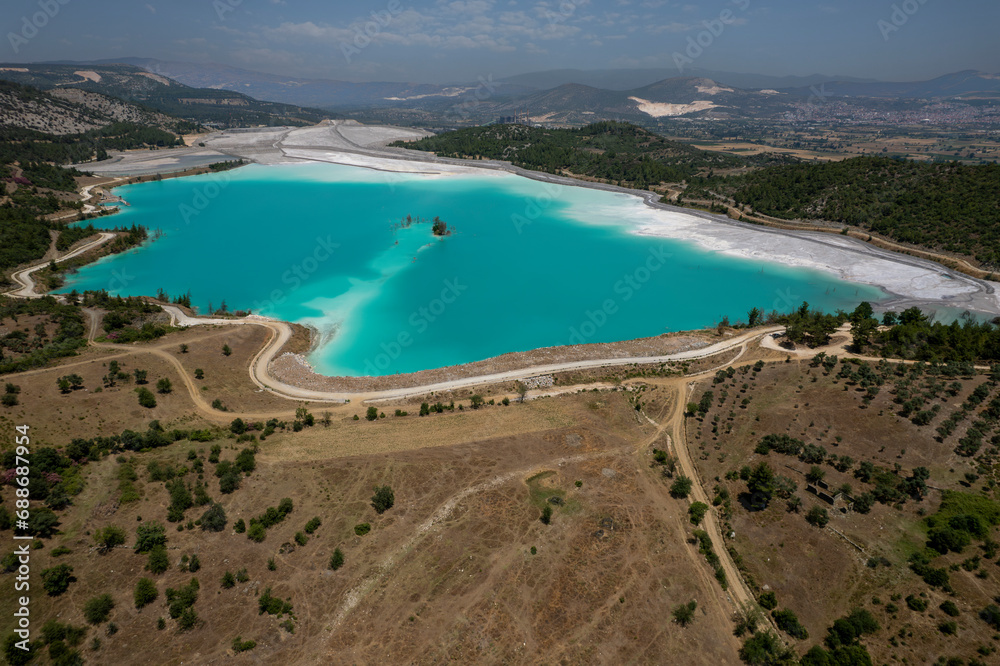 Blue pond (Ash pond) consisting of burned coal ashes in the thermal power plant in the Yatagan district of Mugla province