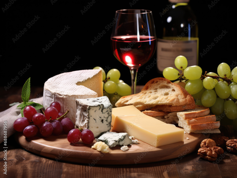 A sophisticated cheese board with assorted cheeses, bread, grapes, bottle and a glass of red wine. A sophisticated cheese board with assorted cheeses, bread, grapes, bottle and a glass of red wine.